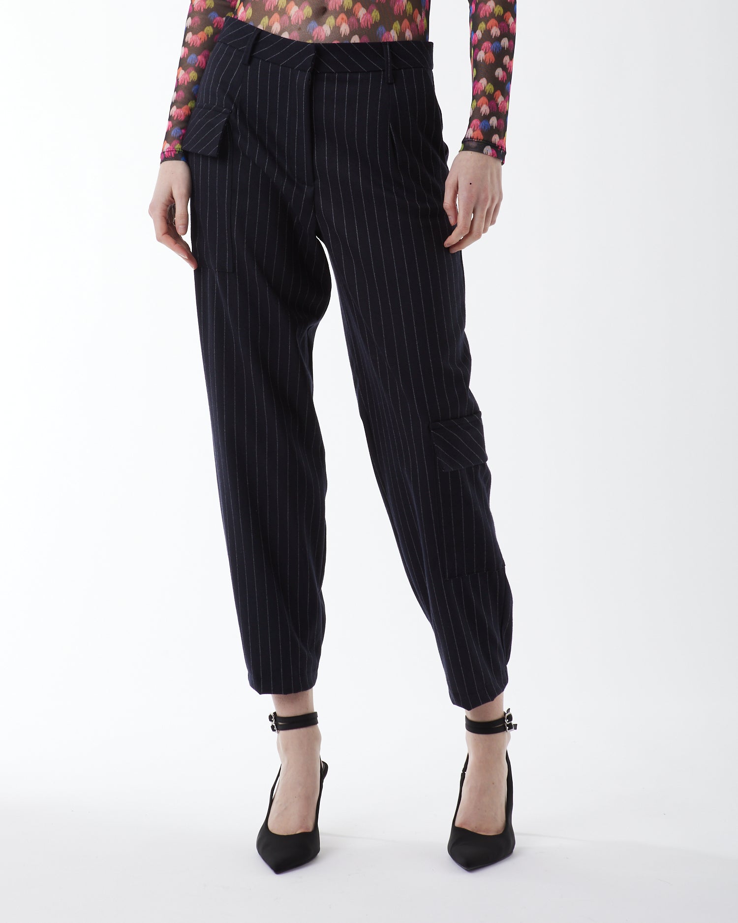 PINSTRIPE PATTERNED CARGO TROUSERS 