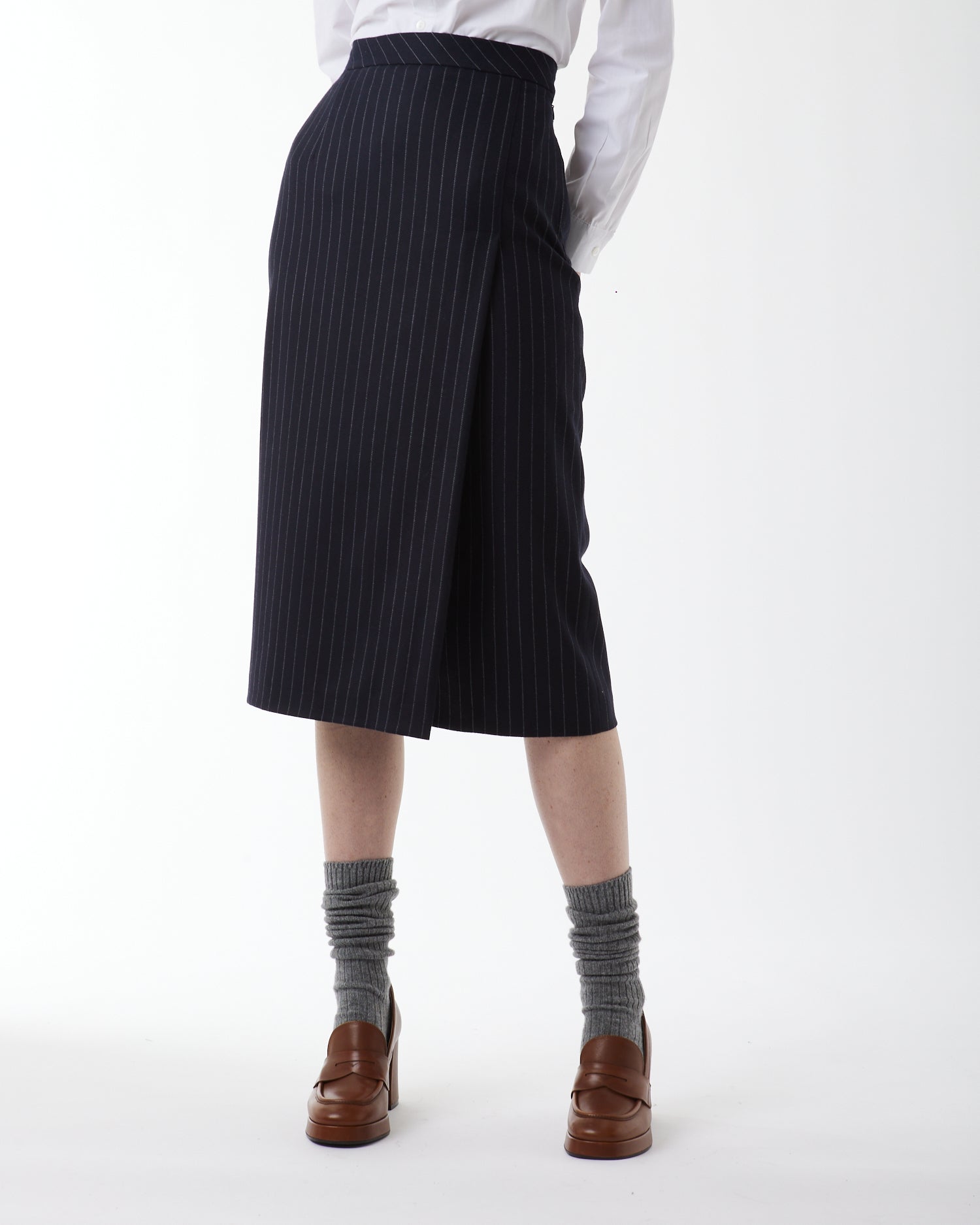 Long pinstripe wrap skirt