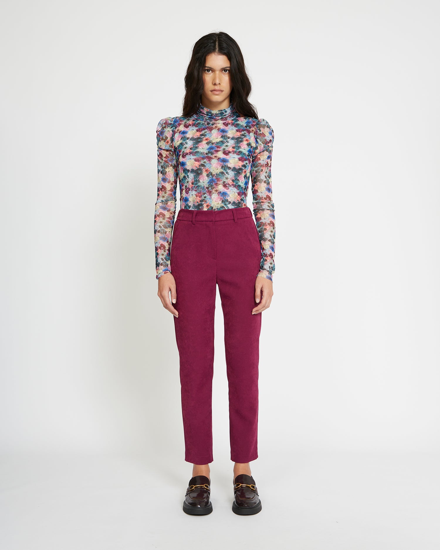 High-waisted velvet effect trousers