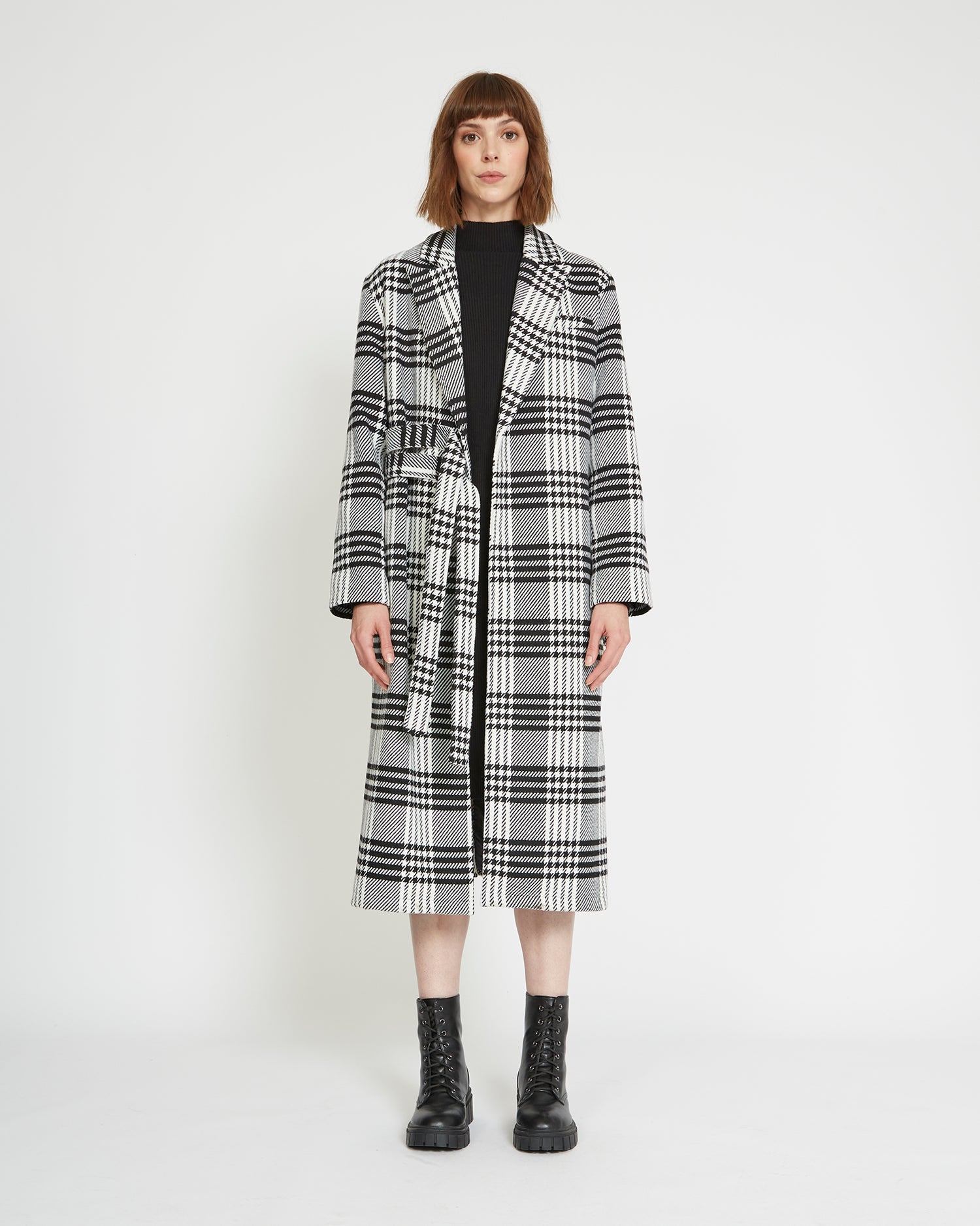 Long check patterned coat