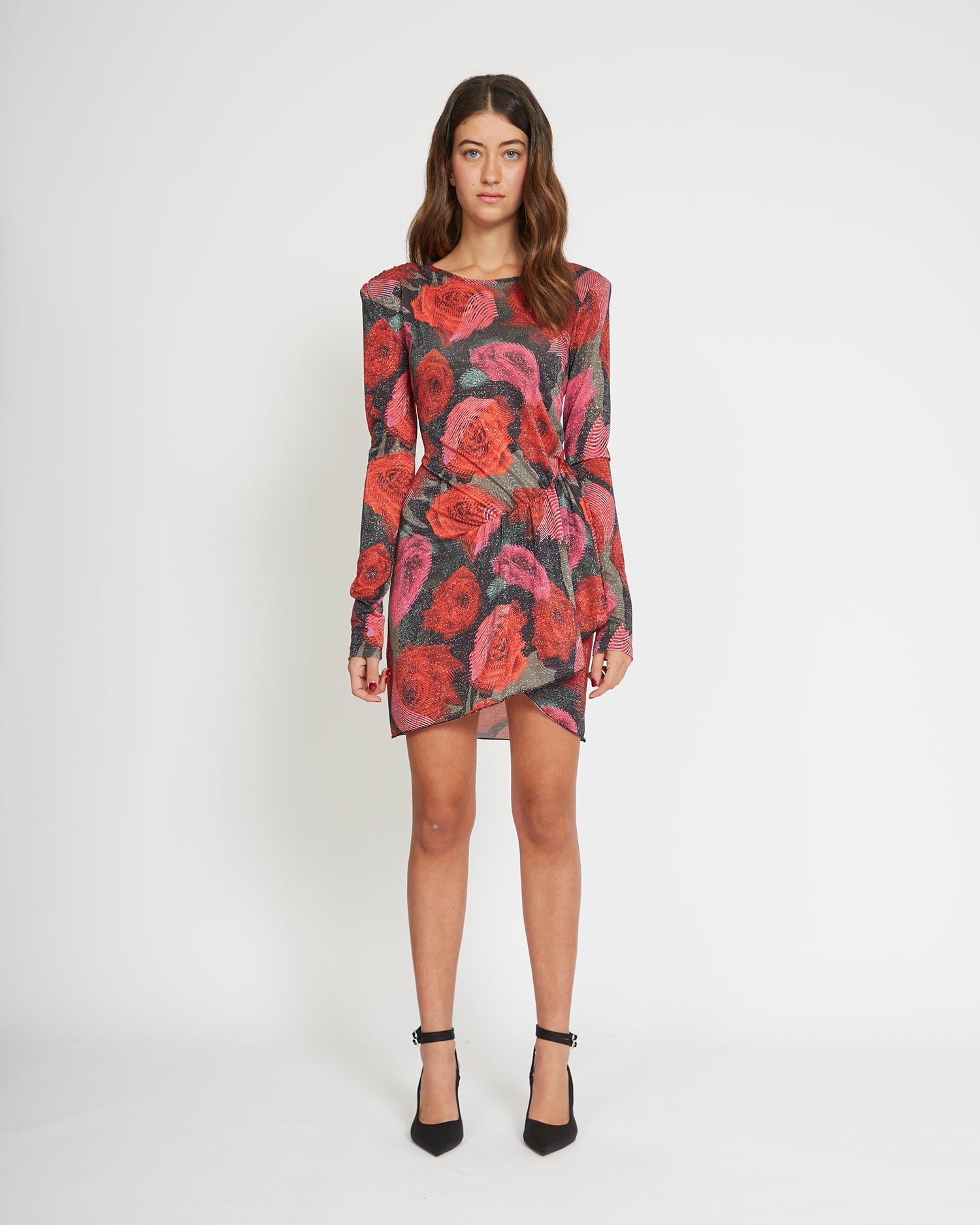 Draped short dress with floral pattern