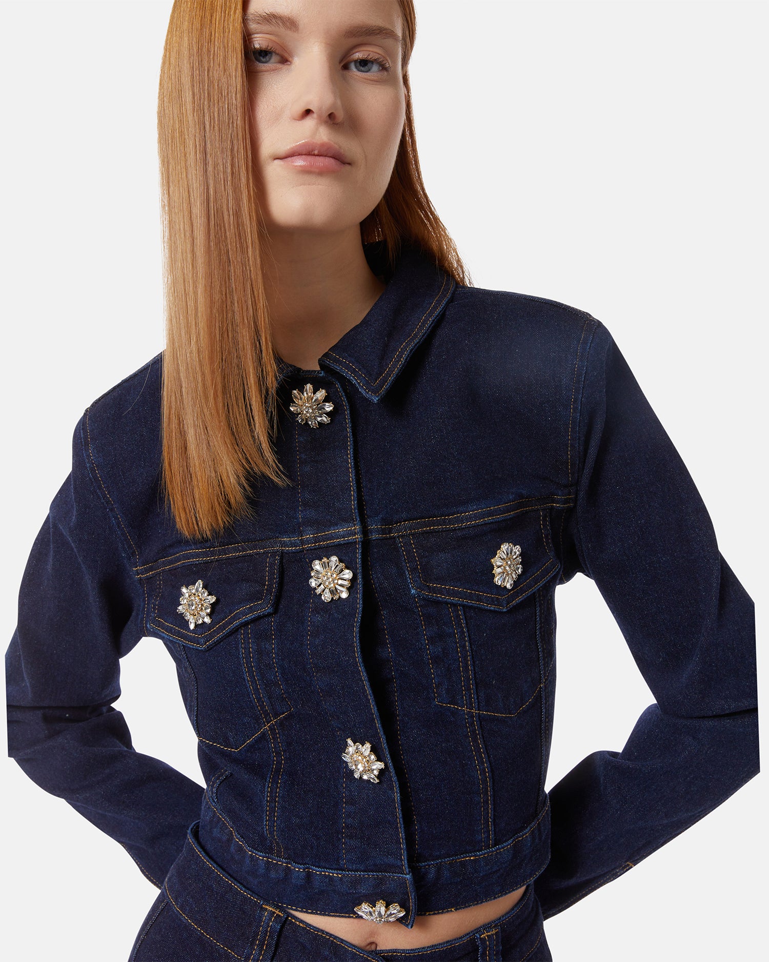 Dark denim jacket with jewel buttons | Silvian Heach