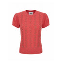 Crew-neck sweater with decorative applications and woven workmanship