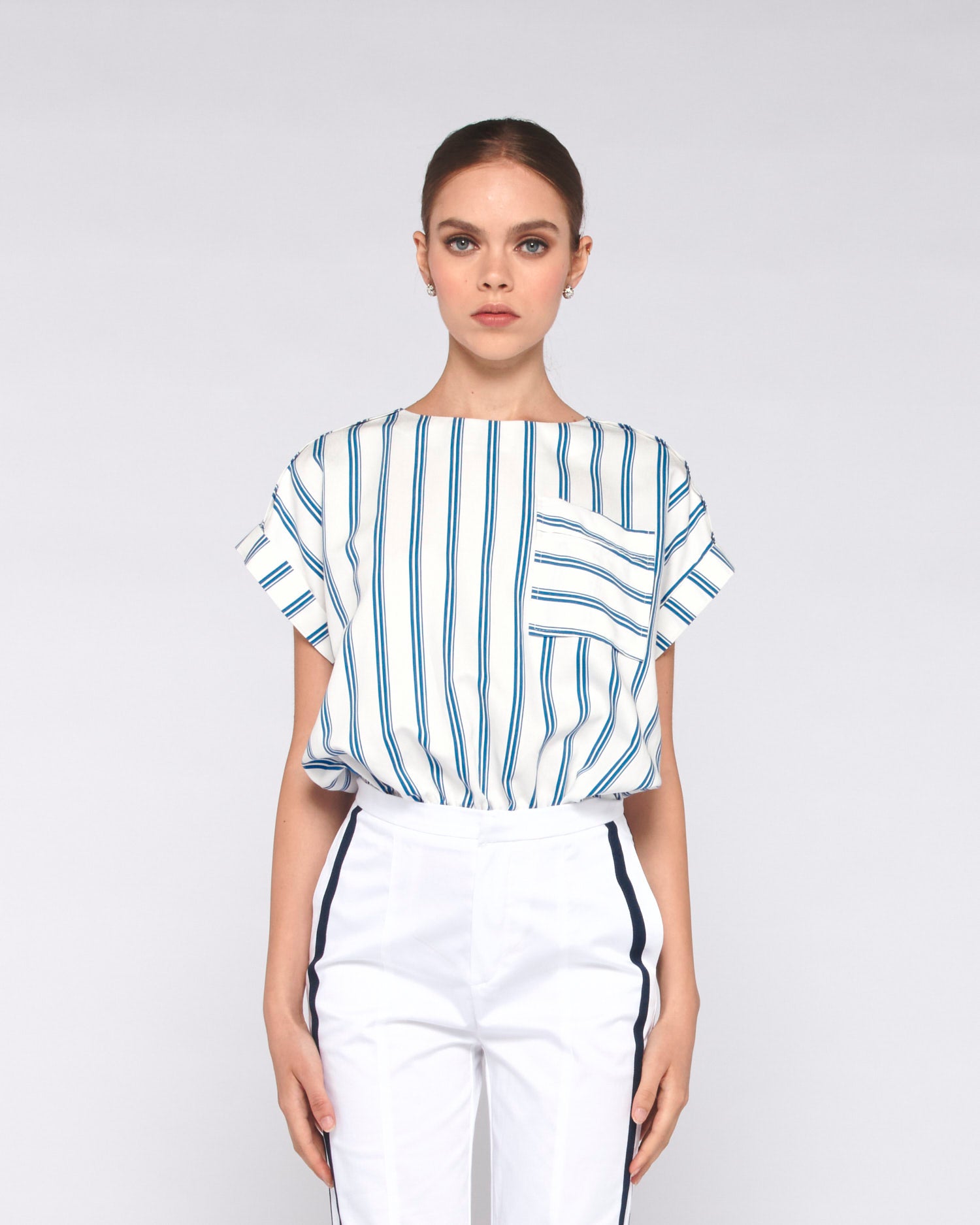 BLUSA A RIGHE A MANICHE CORTE CON TASCHINO - Silvianheach